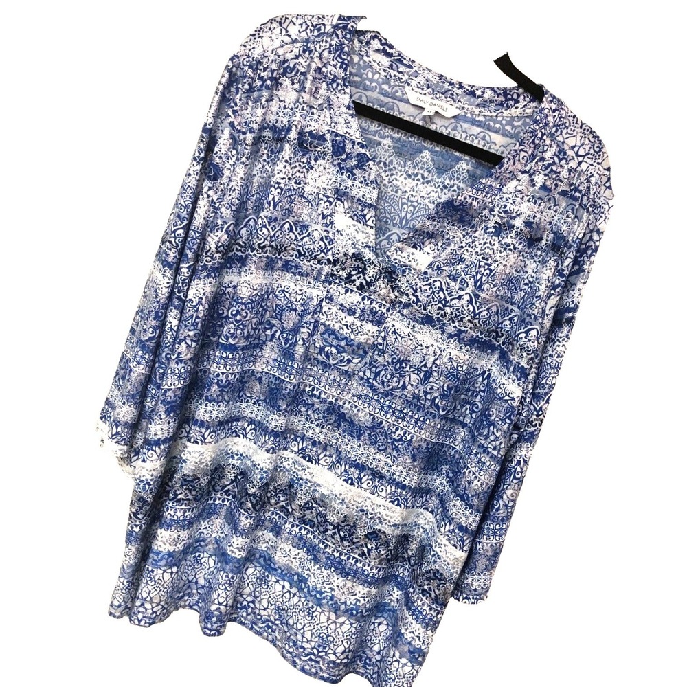 Emily Daniels Tunic Top Abstract Metallic Blue Silver Relaxed V Neck Womens 3X‎